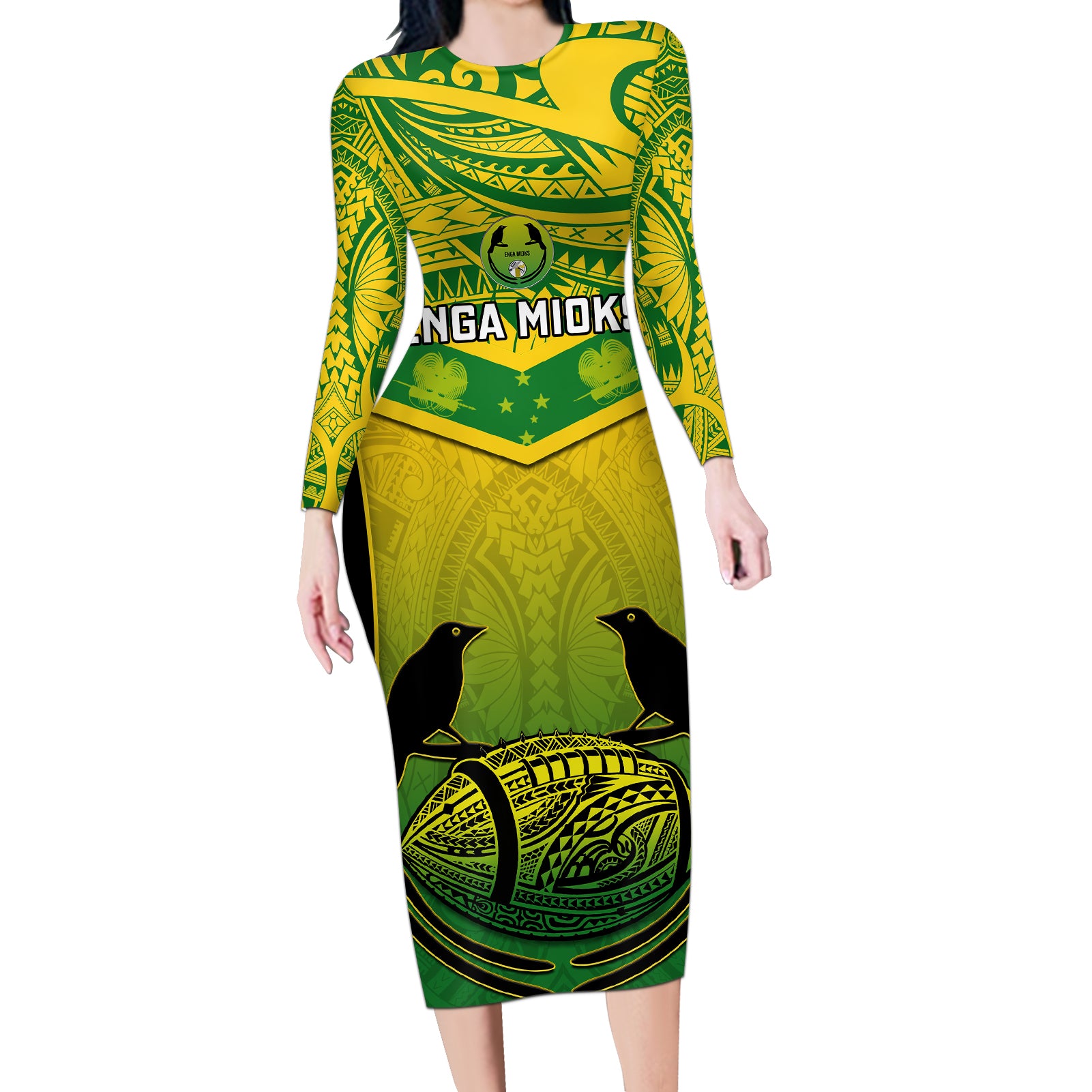 Papua New Guinea Rugby Long Sleeve Bodycon Dress Enga Mioks PNG Polynesian Pattern - Wonder Print Shop