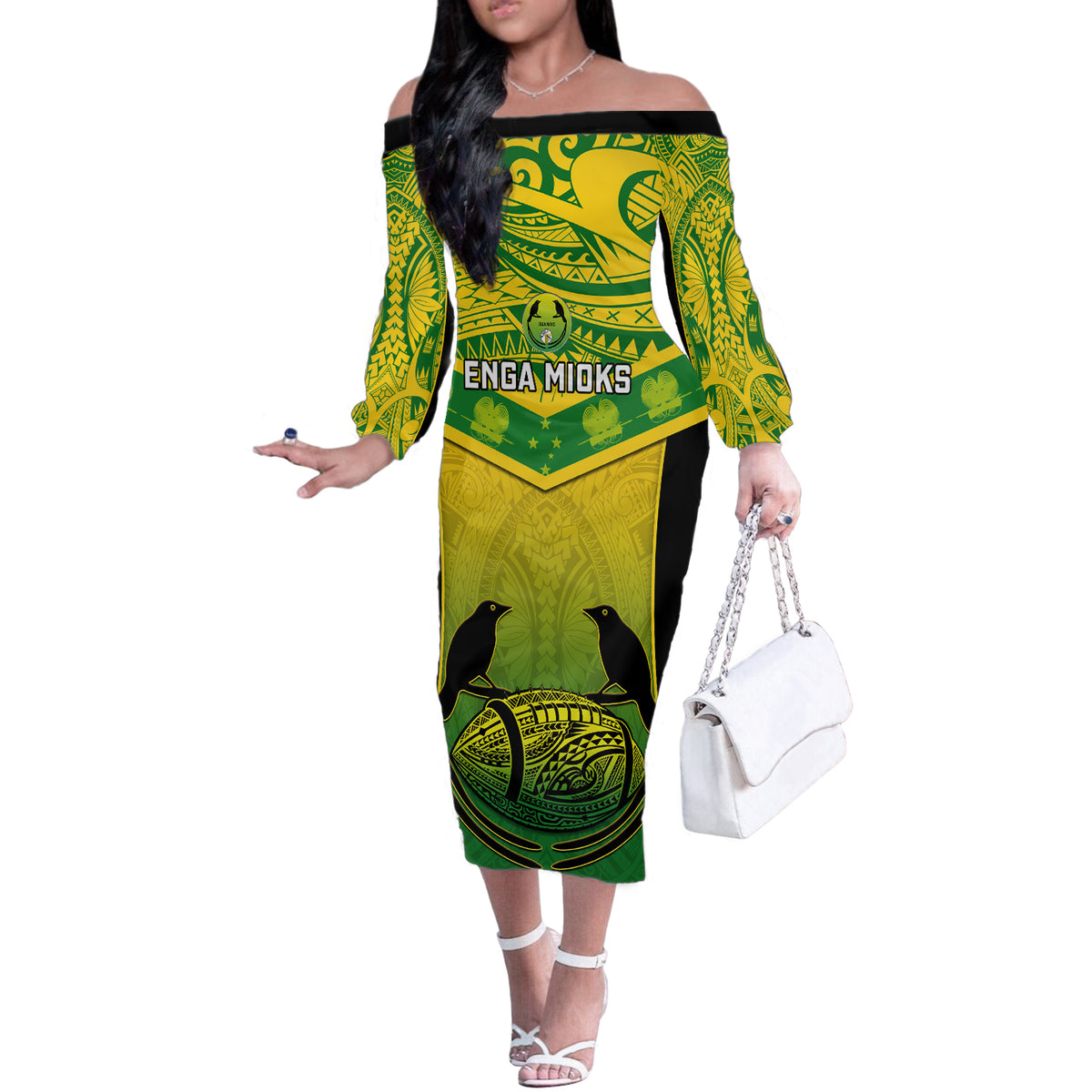 Papua New Guinea Rugby Off The Shoulder Long Sleeve Dress Enga Mioks PNG Polynesian Pattern - Wonder Print Shop