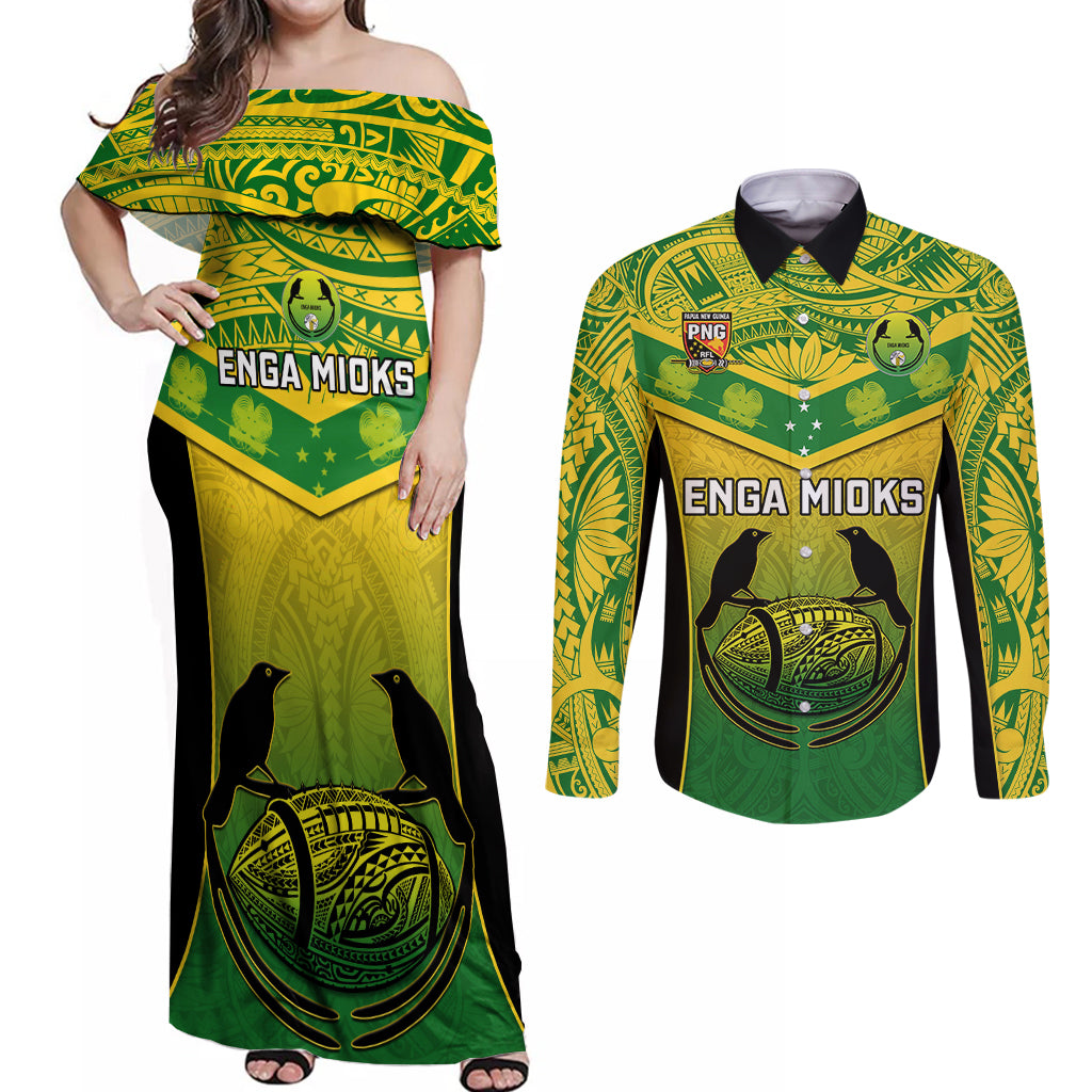 Custom Papua New Guinea Rugby Couples Matching Off Shoulder Maxi Dress and Long Sleeve Button Shirts Enga Mioks PNG Polynesian Pattern - Wonder Print Shop