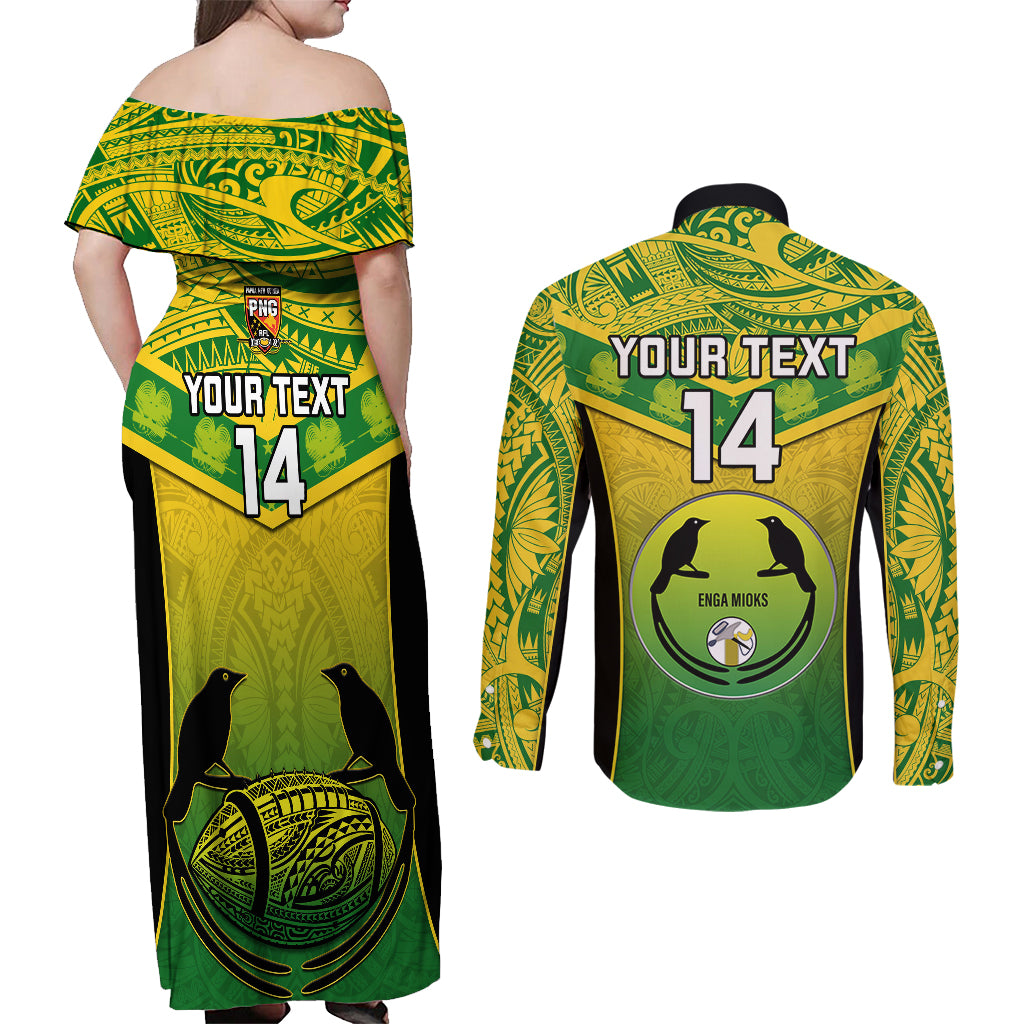 Custom Papua New Guinea Rugby Couples Matching Off Shoulder Maxi Dress and Long Sleeve Button Shirts Enga Mioks PNG Polynesian Pattern - Wonder Print Shop