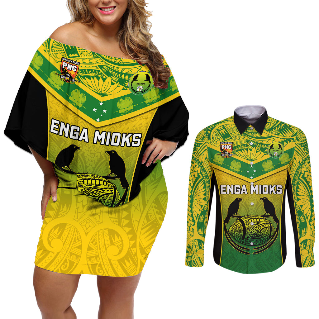 Custom Papua New Guinea Rugby Couples Matching Off Shoulder Short Dress and Long Sleeve Button Shirts Enga Mioks PNG Polynesian Pattern - Wonder Print Shop
