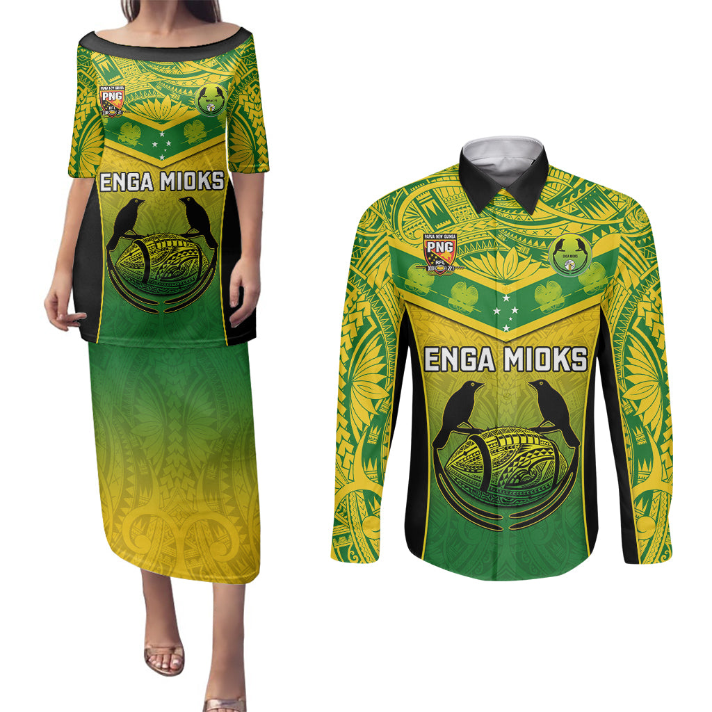 Custom Papua New Guinea Rugby Couples Matching Puletasi Dress and Long Sleeve Button Shirts Enga Mioks PNG Polynesian Pattern - Wonder Print Shop