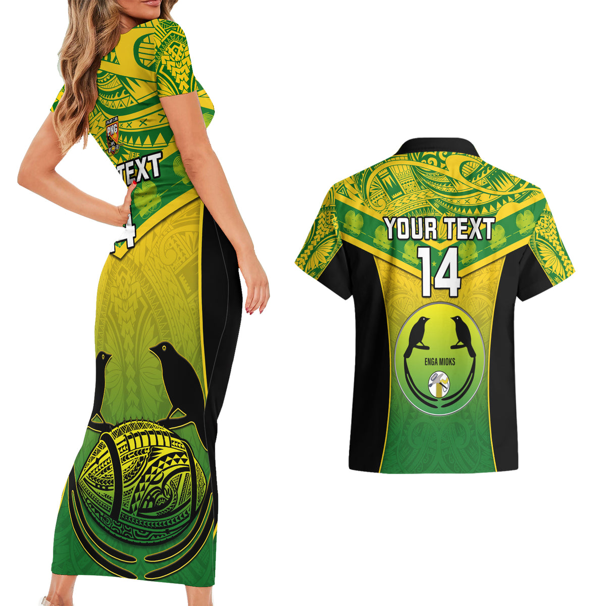 Custom Papua New Guinea Rugby Couples Matching Short Sleeve Bodycon Dress and Hawaiian Shirt Enga Mioks PNG Polynesian Pattern - Wonder Print Shop