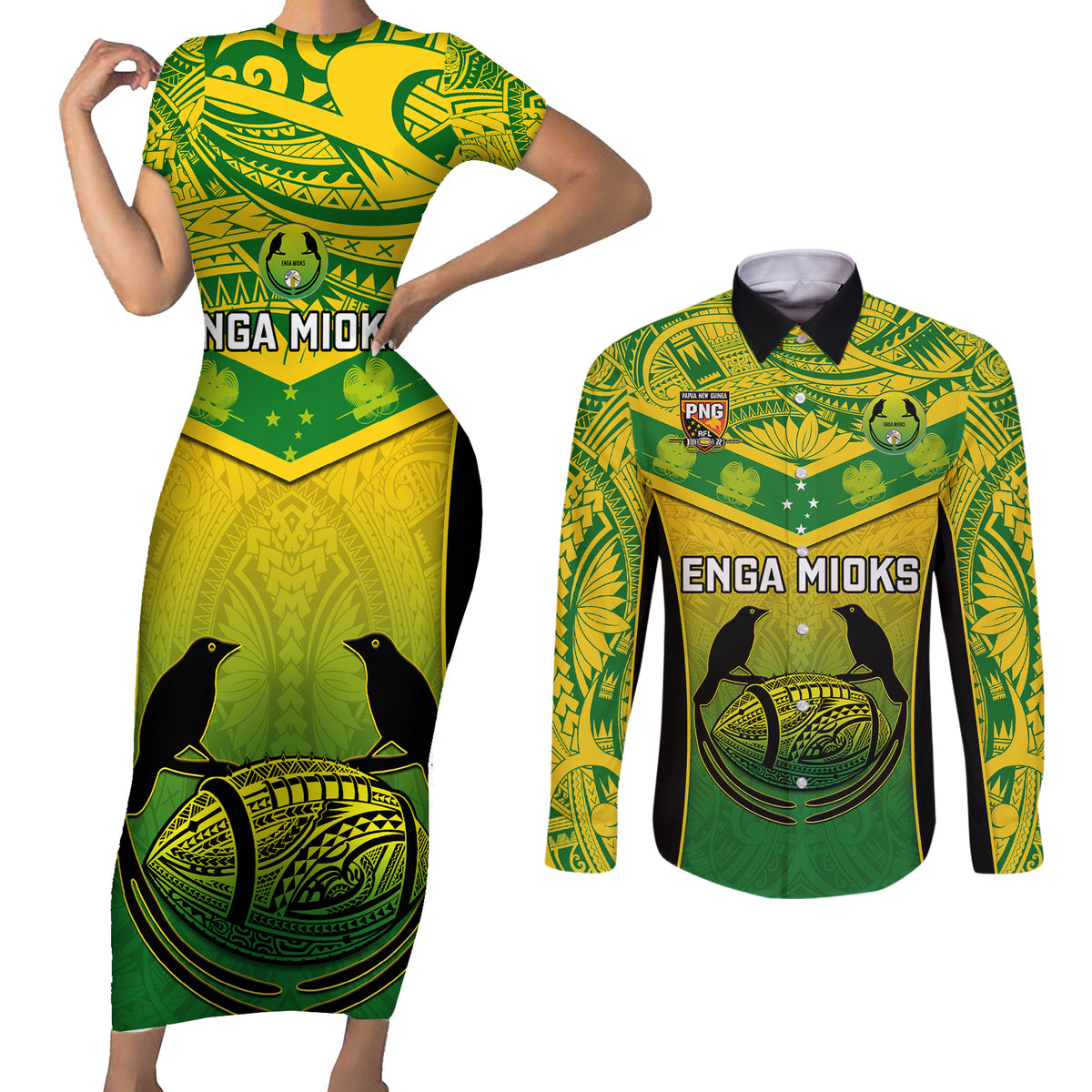 Custom Papua New Guinea Rugby Couples Matching Short Sleeve Bodycon Dress and Long Sleeve Button Shirts Enga Mioks PNG Polynesian Pattern - Wonder Print Shop