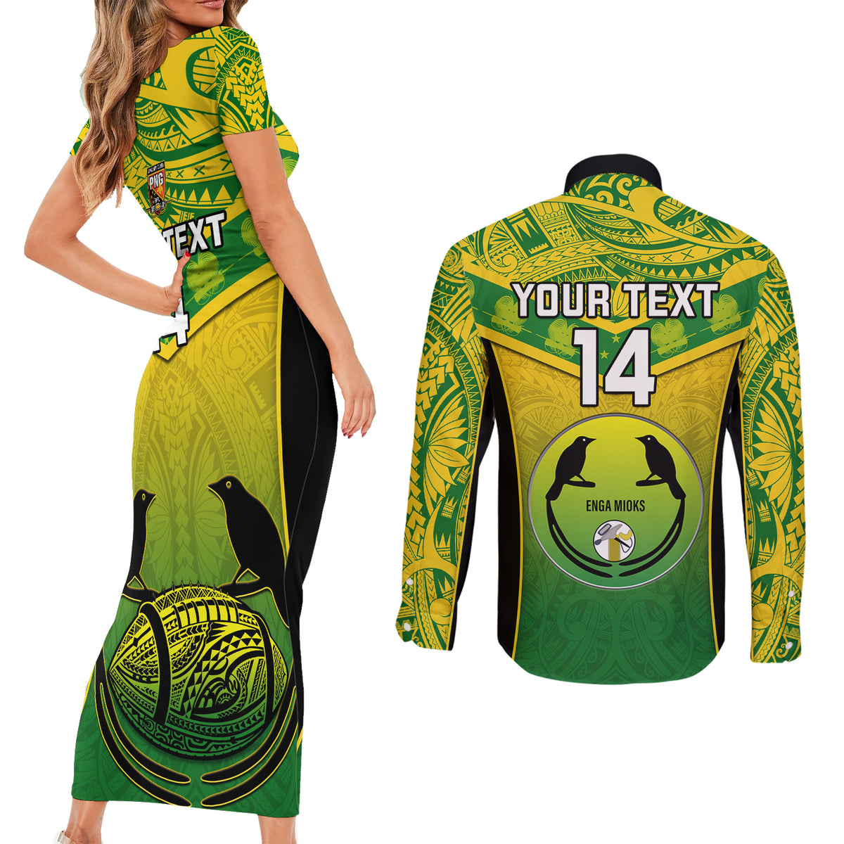 Custom Papua New Guinea Rugby Couples Matching Short Sleeve Bodycon Dress and Long Sleeve Button Shirts Enga Mioks PNG Polynesian Pattern - Wonder Print Shop