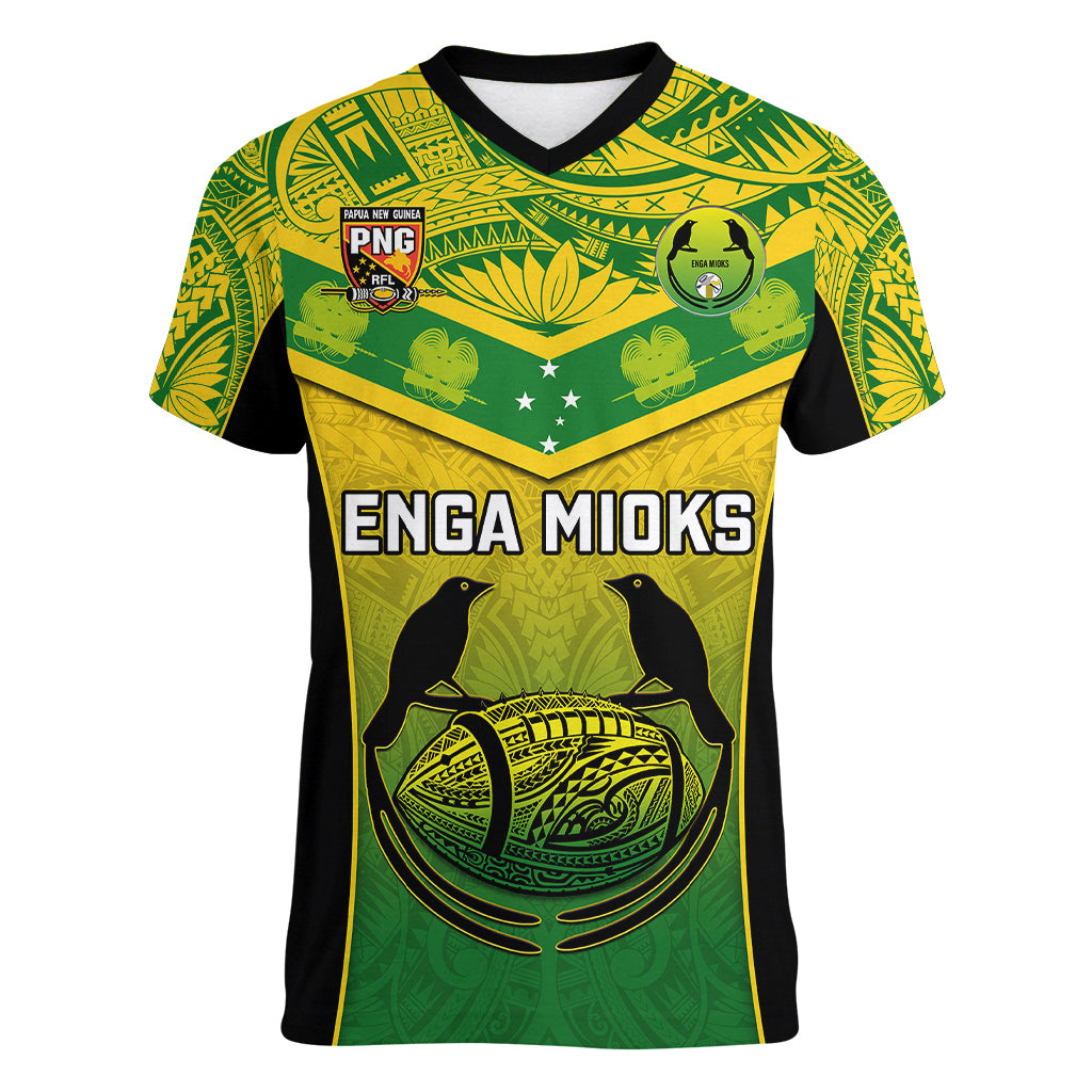 Custom Papua New Guinea Rugby Women V Neck T Shirt Enga Mioks PNG Polynesian Pattern - Wonder Print Shop