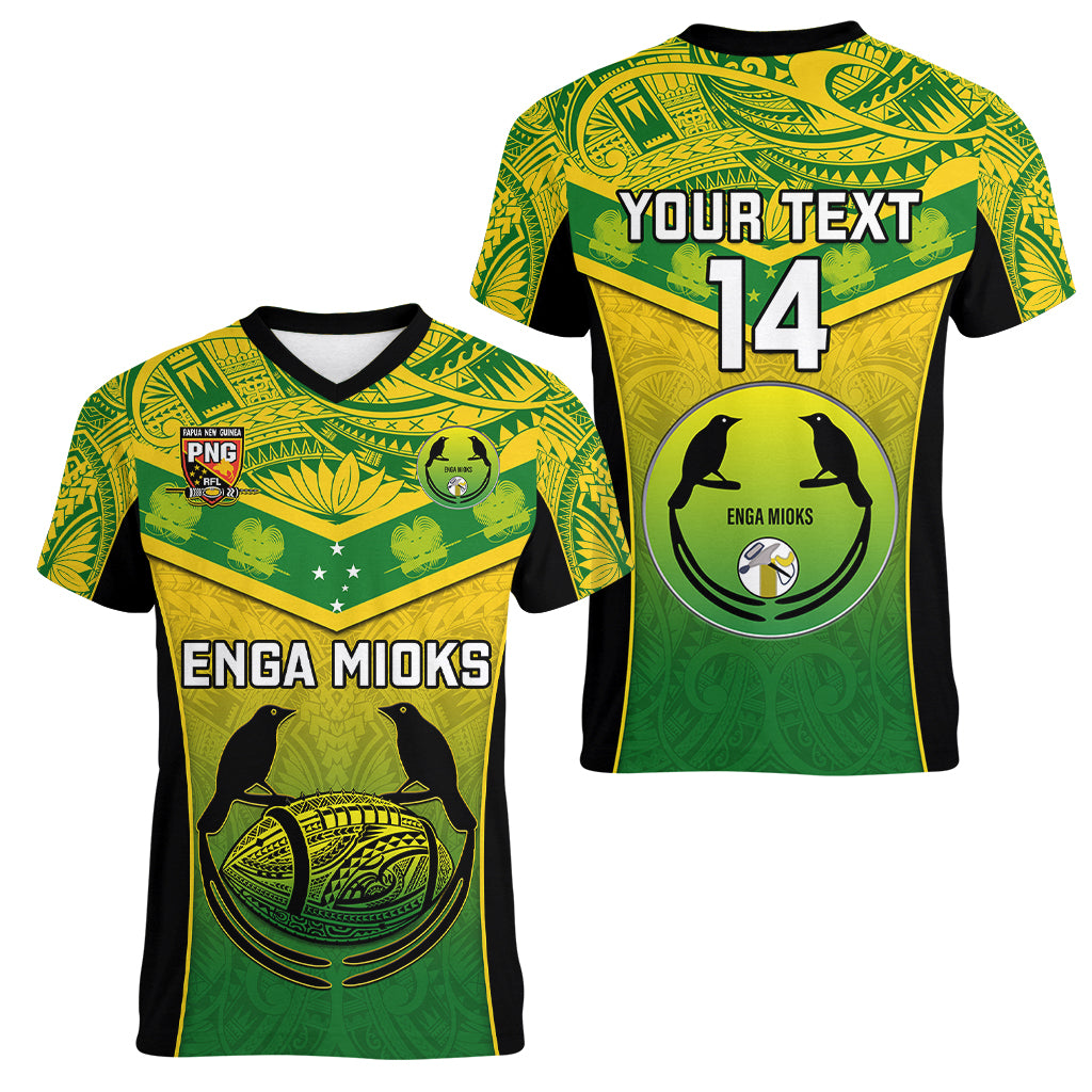 Custom Papua New Guinea Rugby Women V Neck T Shirt Enga Mioks PNG Polynesian Pattern - Wonder Print Shop