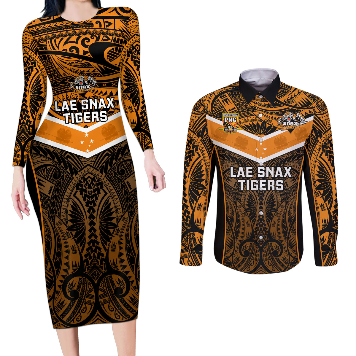 Papua New Guinea Rugby Couples Matching Long Sleeve Bodycon Dress and Long Sleeve Button Shirts Lae Snax Tigers PNG Polynesian Pattern - Wonder Print Shop