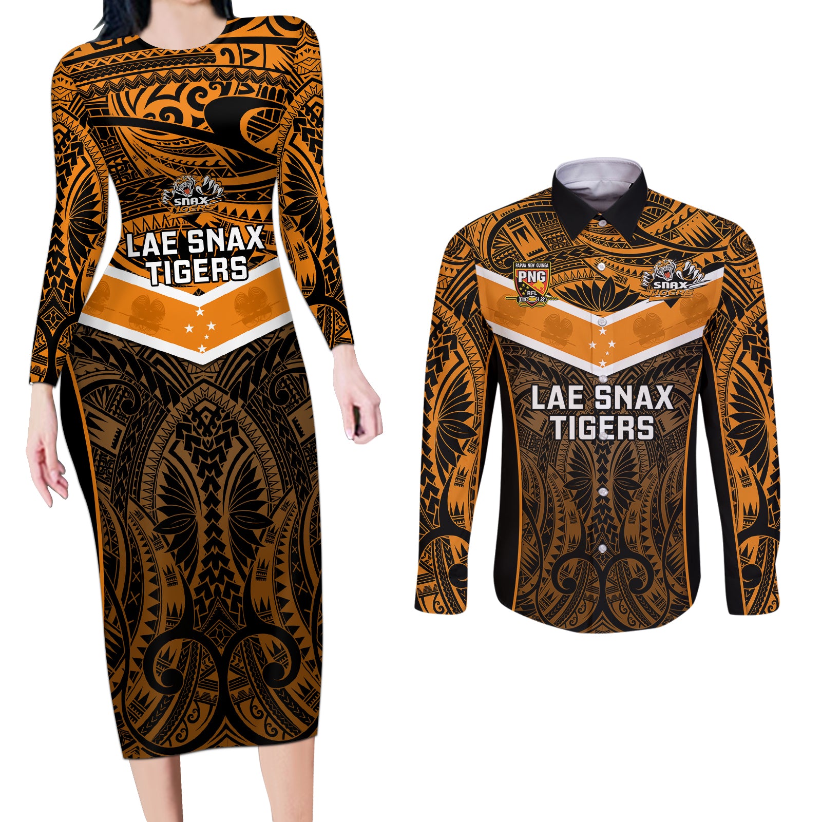 Papua New Guinea Rugby Couples Matching Long Sleeve Bodycon Dress and Long Sleeve Button Shirts Lae Snax Tigers PNG Polynesian Pattern - Wonder Print Shop