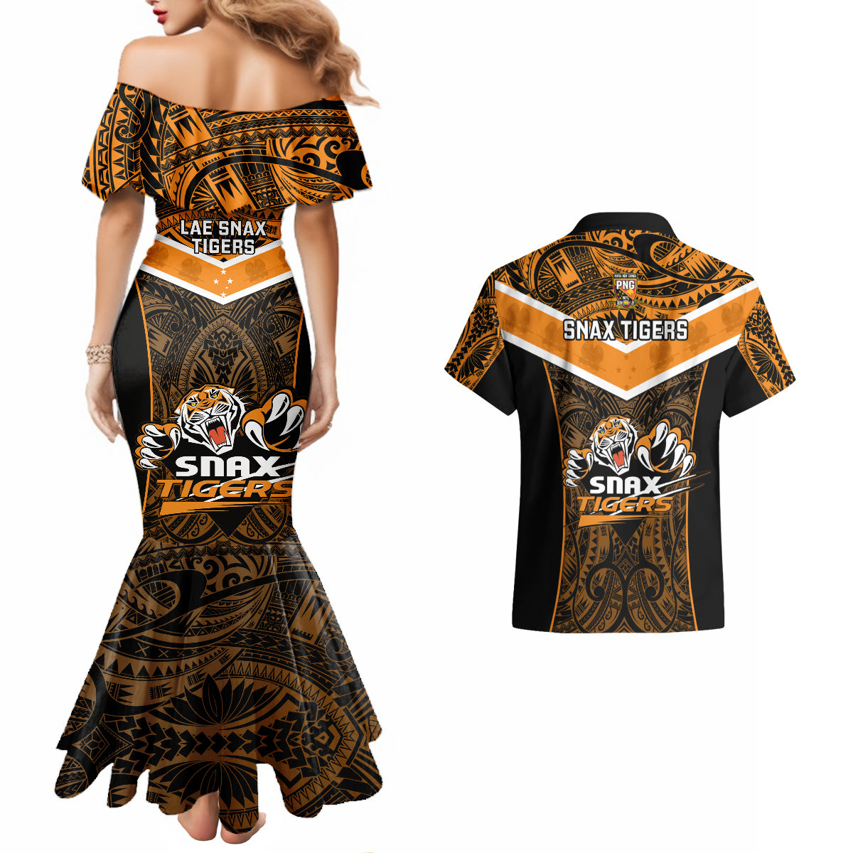 Papua New Guinea Rugby Couples Matching Mermaid Dress And Hawaiian Shirt Lae Snax Tigers PNG Polynesian Pattern - Wonder Print Shop
