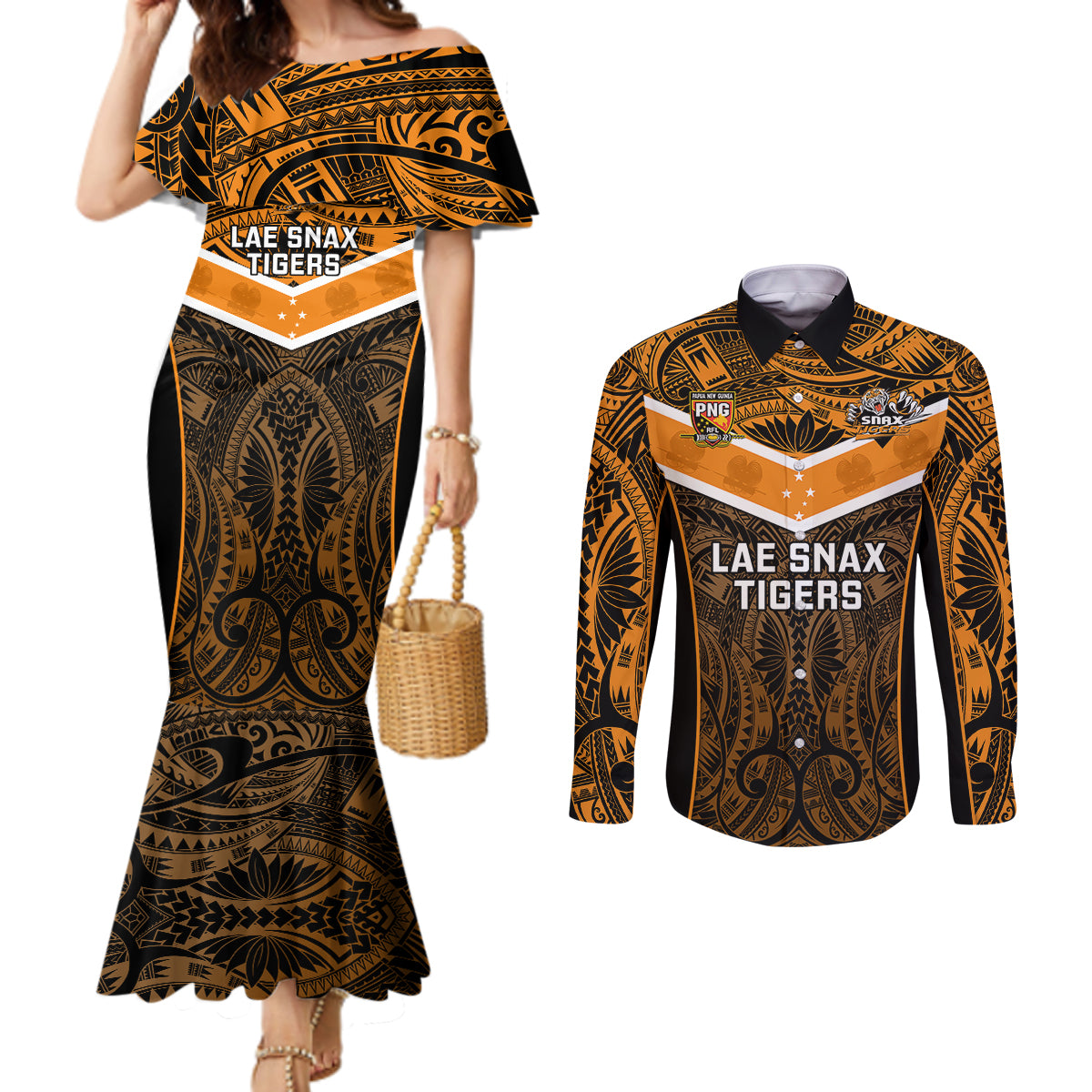papua-new-guinea-rugby-couples-matching-mermaid-dress-and-long-sleeve-button-shirts-lae-snax-tigers-png-polynesian-pattern
