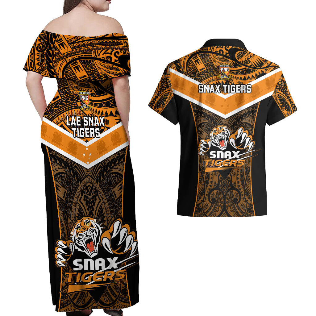 Papua New Guinea Rugby Couples Matching Off Shoulder Maxi Dress and Hawaiian Shirt Lae Snax Tigers PNG Polynesian Pattern - Wonder Print Shop
