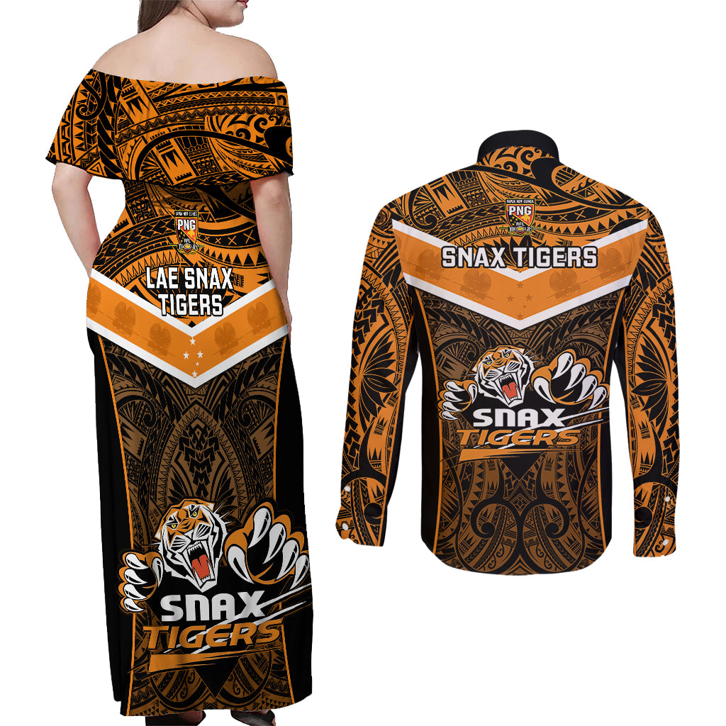 Papua New Guinea Rugby Couples Matching Off Shoulder Maxi Dress and Long Sleeve Button Shirts Lae Snax Tigers PNG Polynesian Pattern - Wonder Print Shop