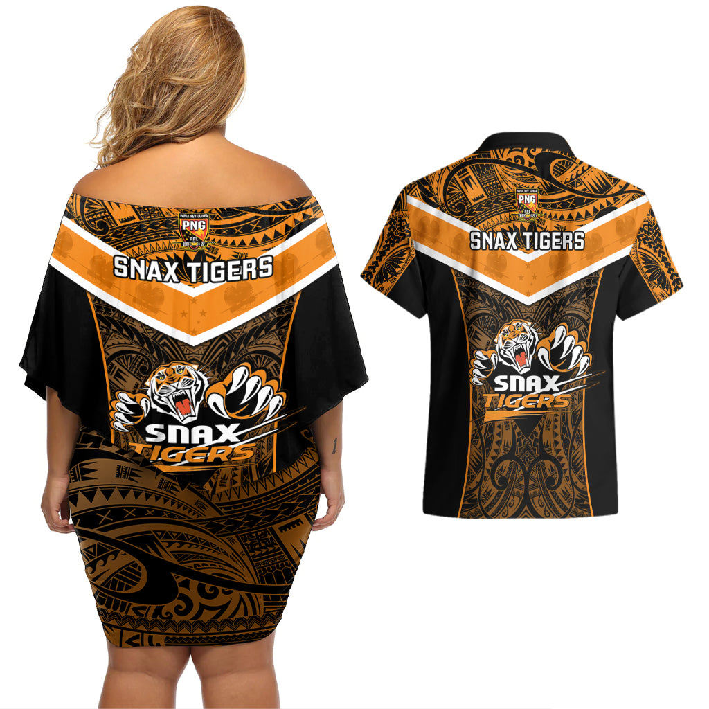 Papua New Guinea Rugby Couples Matching Off Shoulder Short Dress and Hawaiian Shirt Lae Snax Tigers PNG Polynesian Pattern - Wonder Print Shop