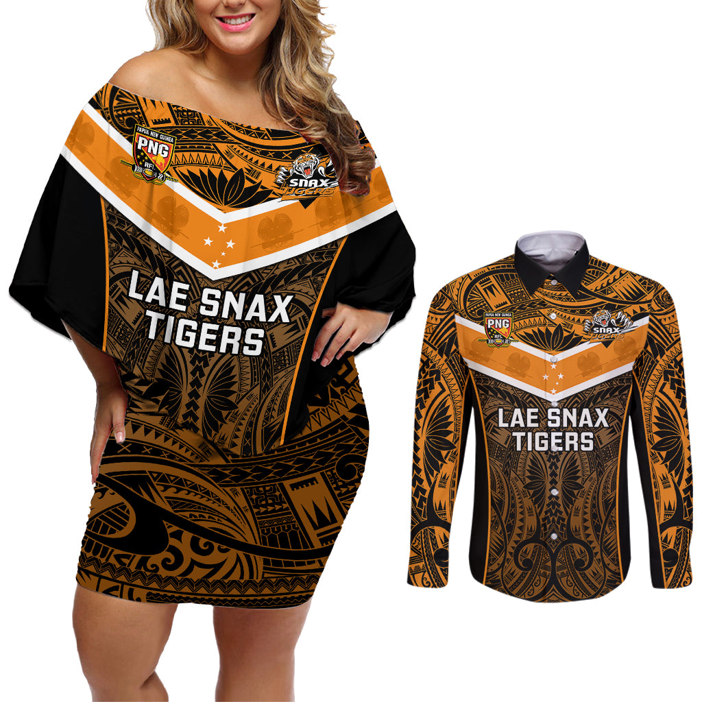 Papua New Guinea Rugby Couples Matching Off Shoulder Short Dress and Long Sleeve Button Shirts Lae Snax Tigers PNG Polynesian Pattern - Wonder Print Shop
