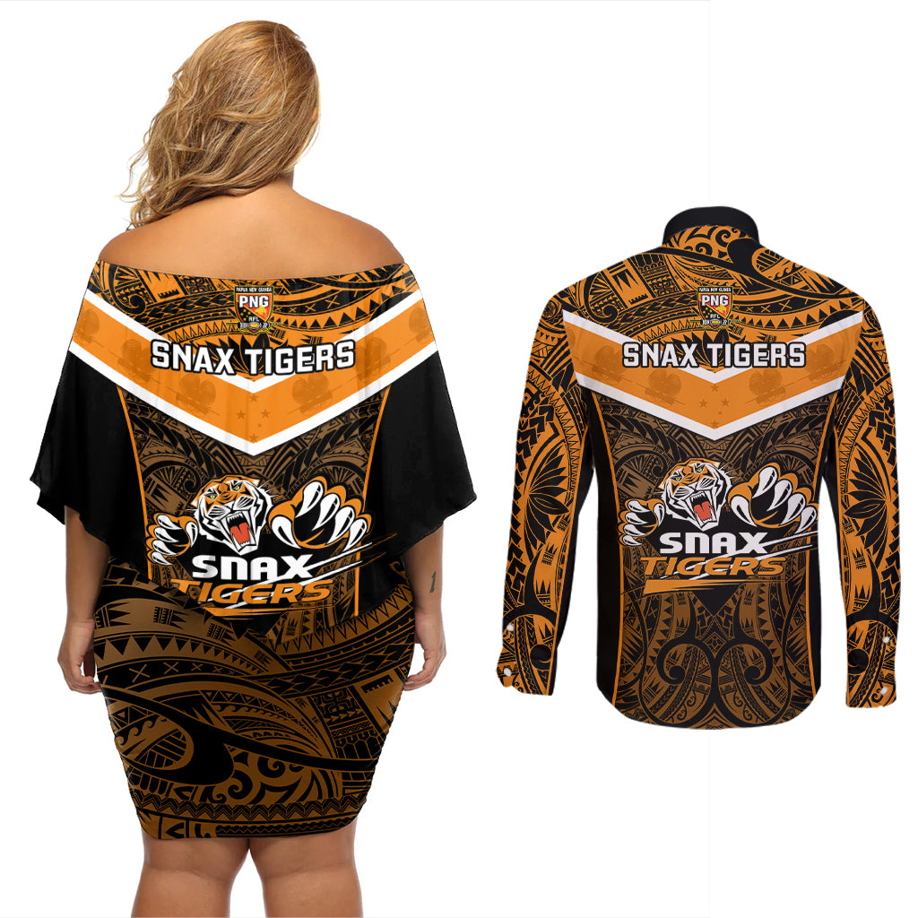 Papua New Guinea Rugby Couples Matching Off Shoulder Short Dress and Long Sleeve Button Shirts Lae Snax Tigers PNG Polynesian Pattern - Wonder Print Shop