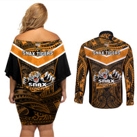 Papua New Guinea Rugby Couples Matching Off Shoulder Short Dress and Long Sleeve Button Shirts Lae Snax Tigers PNG Polynesian Pattern - Wonder Print Shop