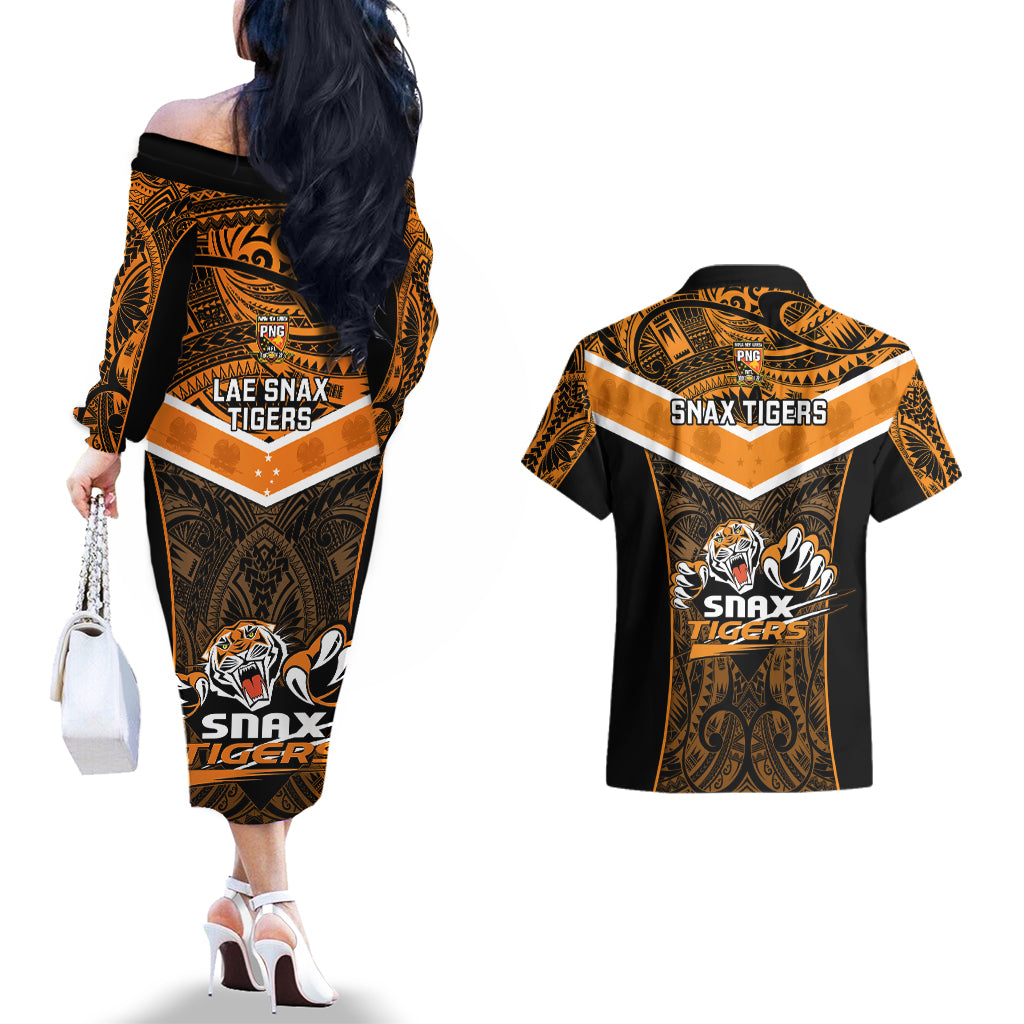 Papua New Guinea Rugby Couples Matching Off The Shoulder Long Sleeve Dress and Hawaiian Shirt Lae Snax Tigers PNG Polynesian Pattern - Wonder Print Shop