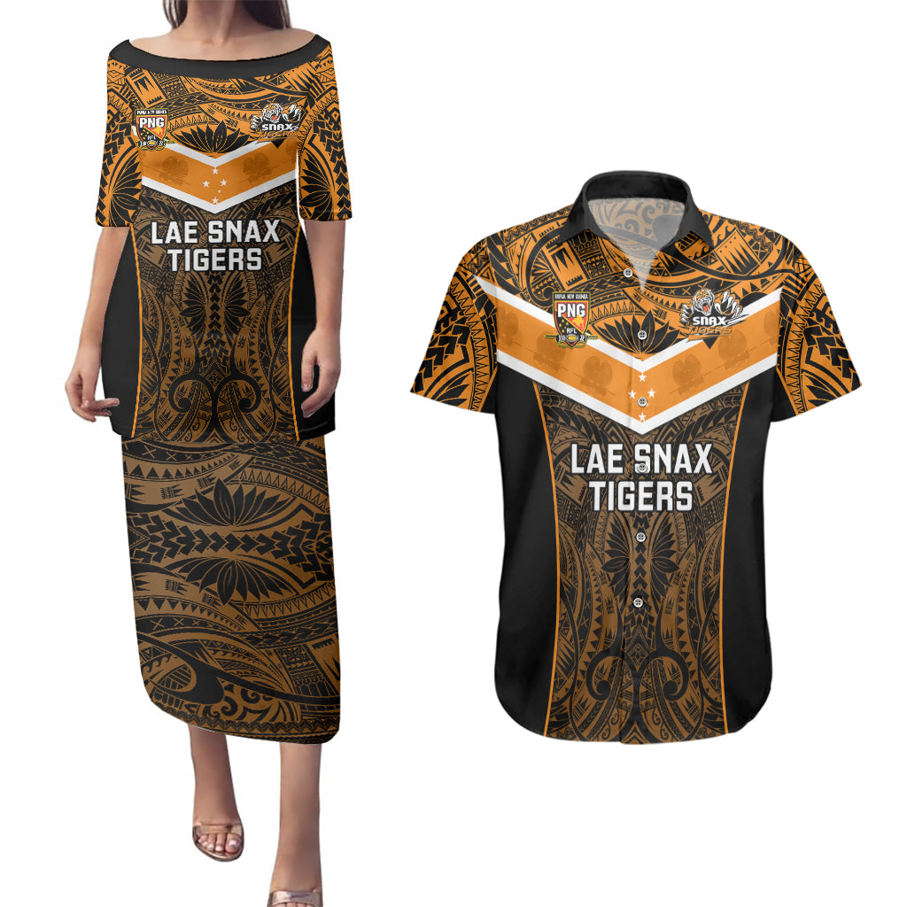 Papua New Guinea Rugby Couples Matching Puletasi Dress and Hawaiian Shirt Lae Snax Tigers PNG Polynesian Pattern - Wonder Print Shop