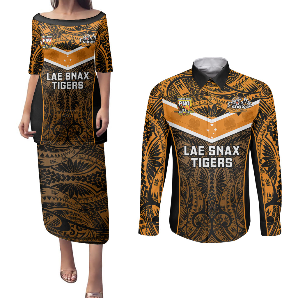 Papua New Guinea Rugby Couples Matching Puletasi Dress and Long Sleeve Button Shirts Lae Snax Tigers PNG Polynesian Pattern - Wonder Print Shop