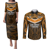 Papua New Guinea Rugby Couples Matching Puletasi Dress and Long Sleeve Button Shirts Lae Snax Tigers PNG Polynesian Pattern - Wonder Print Shop