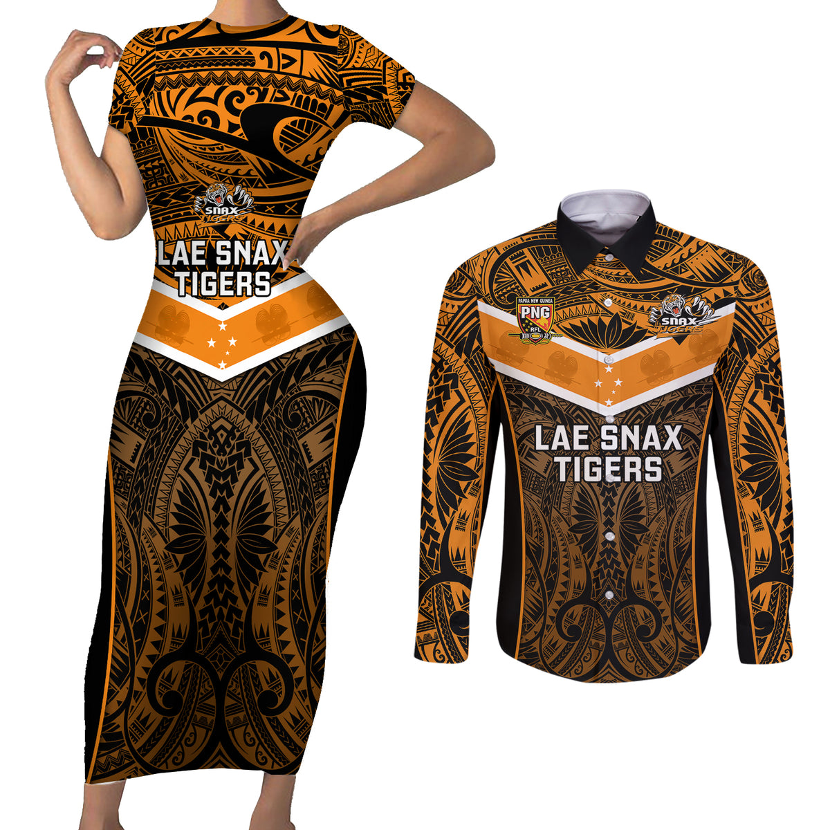 Papua New Guinea Rugby Couples Matching Short Sleeve Bodycon Dress and Long Sleeve Button Shirts Lae Snax Tigers PNG Polynesian Pattern - Wonder Print Shop