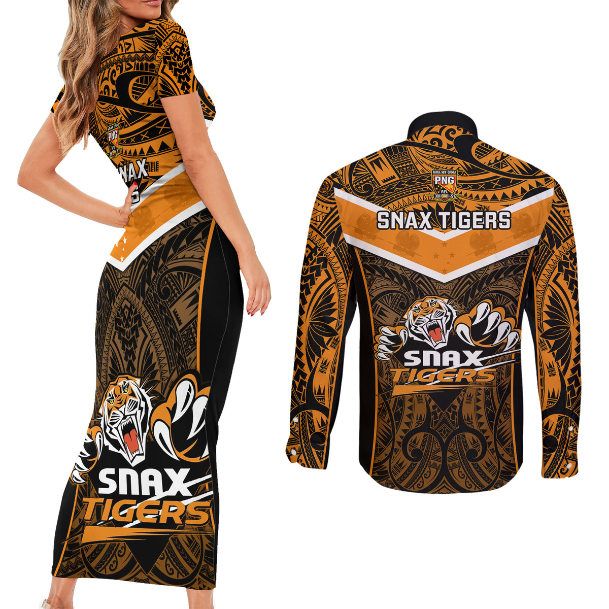 Papua New Guinea Rugby Couples Matching Short Sleeve Bodycon Dress and Long Sleeve Button Shirts Lae Snax Tigers PNG Polynesian Pattern - Wonder Print Shop