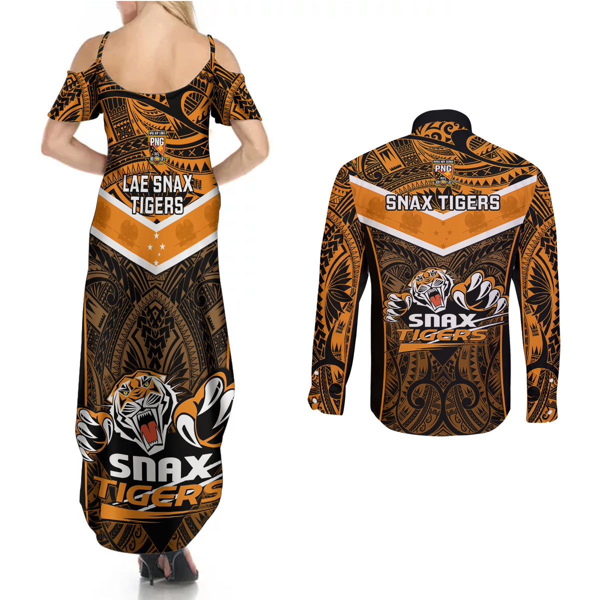 Papua New Guinea Rugby Couples Matching Summer Maxi Dress and Long Sleeve Button Shirts Lae Snax Tigers PNG Polynesian Pattern - Wonder Print Shop