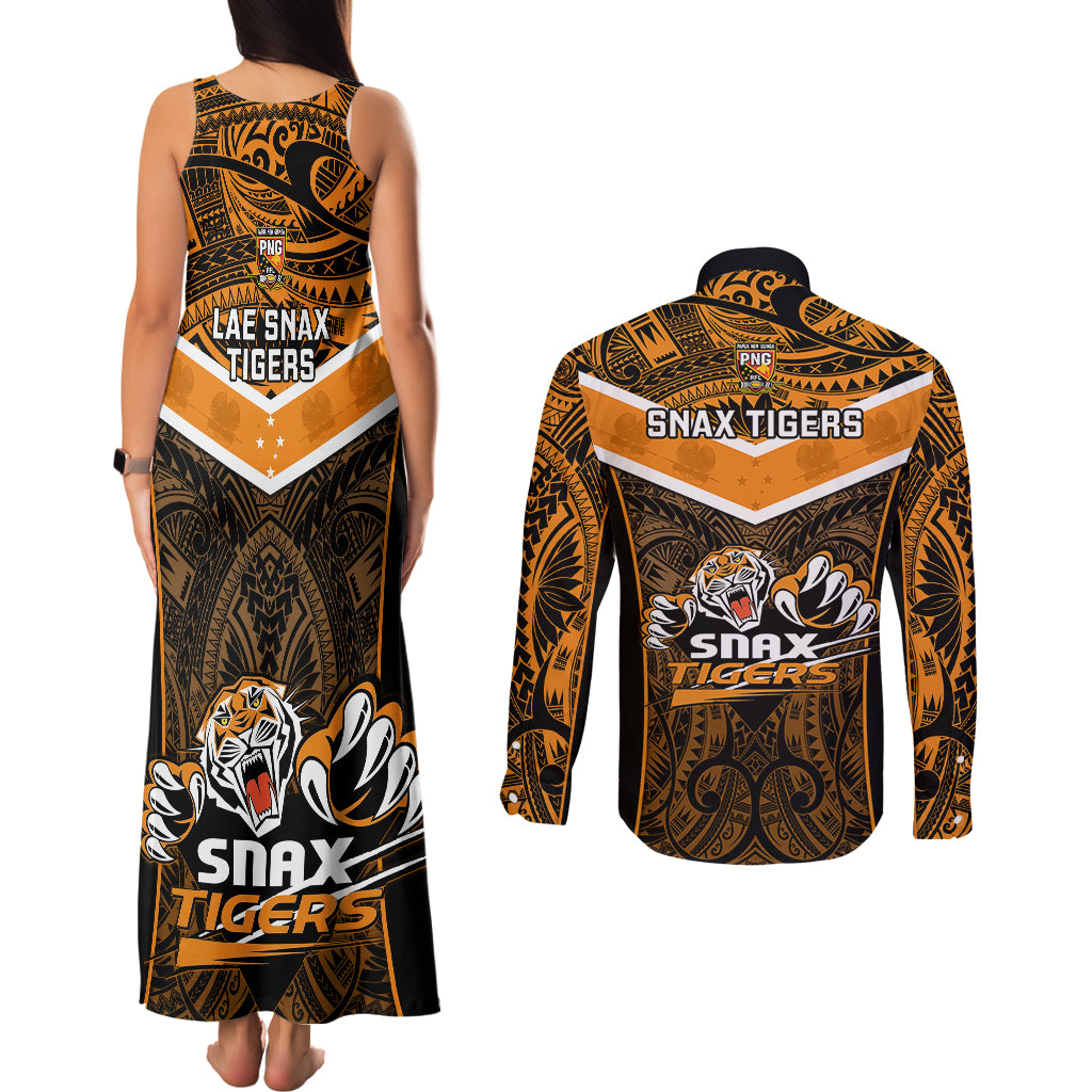 Papua New Guinea Rugby Couples Matching Tank Maxi Dress and Long Sleeve Button Shirts Lae Snax Tigers PNG Polynesian Pattern - Wonder Print Shop