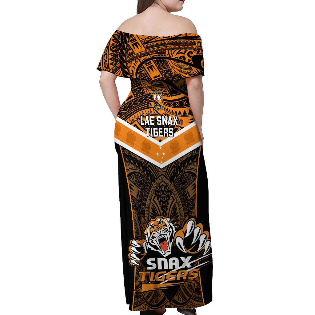 Papua New Guinea Rugby Off Shoulder Maxi Dress Lae Snax Tigers PNG Polynesian Pattern - Wonder Print Shop