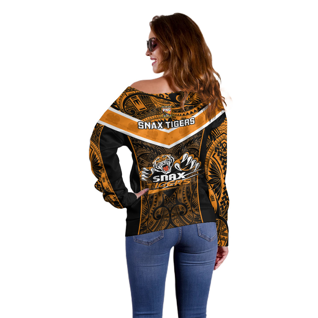 Papua New Guinea Rugby Off Shoulder Sweater Lae Snax Tigers PNG Polynesian Pattern - Wonder Print Shop