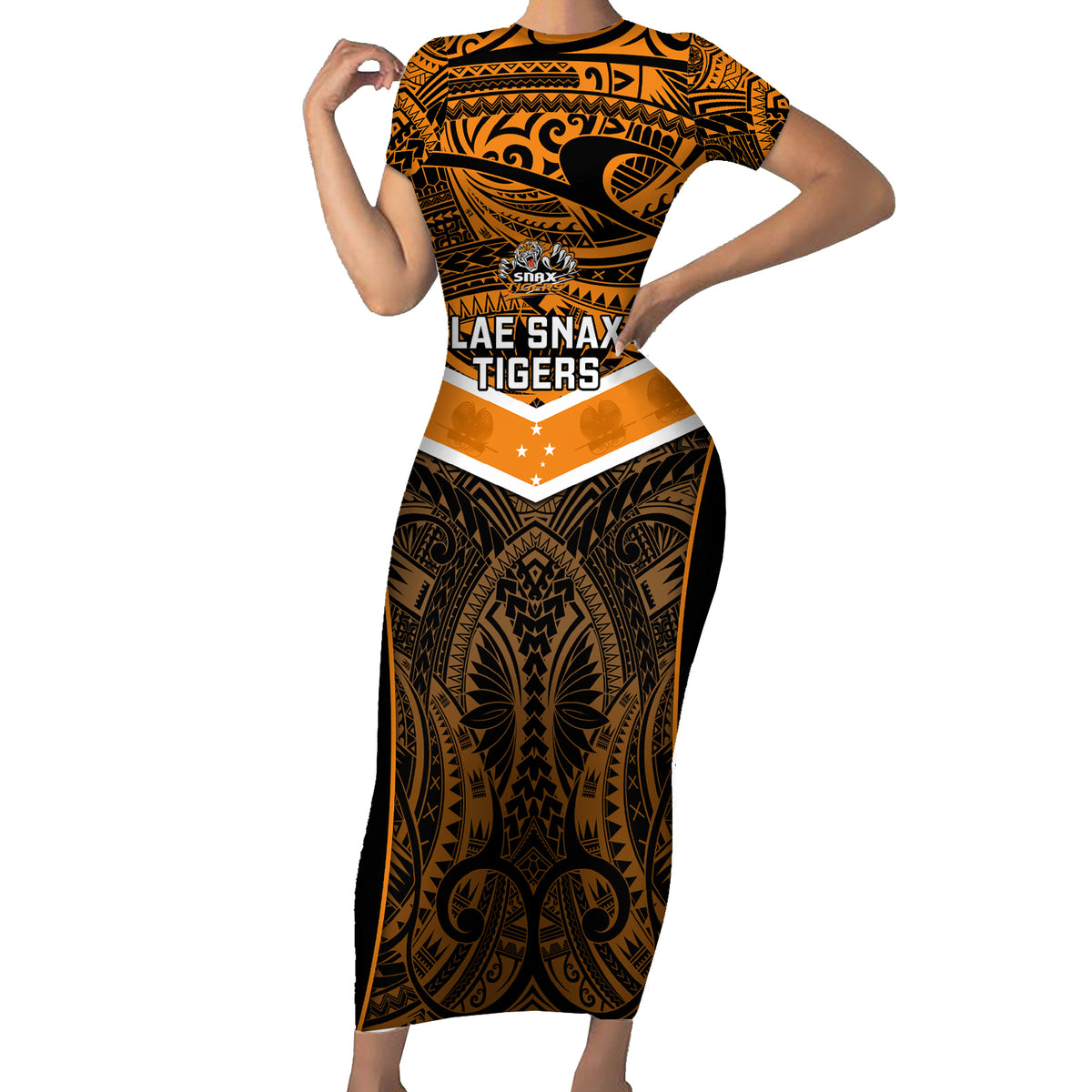 Papua New Guinea Rugby Short Sleeve Bodycon Dress Lae Snax Tigers PNG Polynesian Pattern - Wonder Print Shop