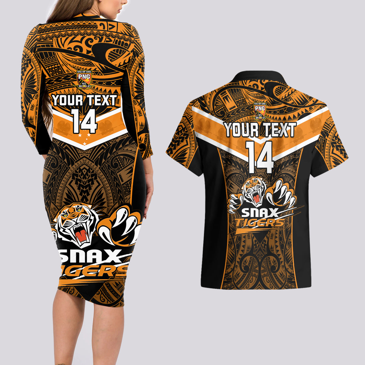Custom Papua New Guinea Rugby Couples Matching Long Sleeve Bodycon Dress and Hawaiian Shirt Lae Snax Tigers PNG Polynesian Pattern - Wonder Print Shop