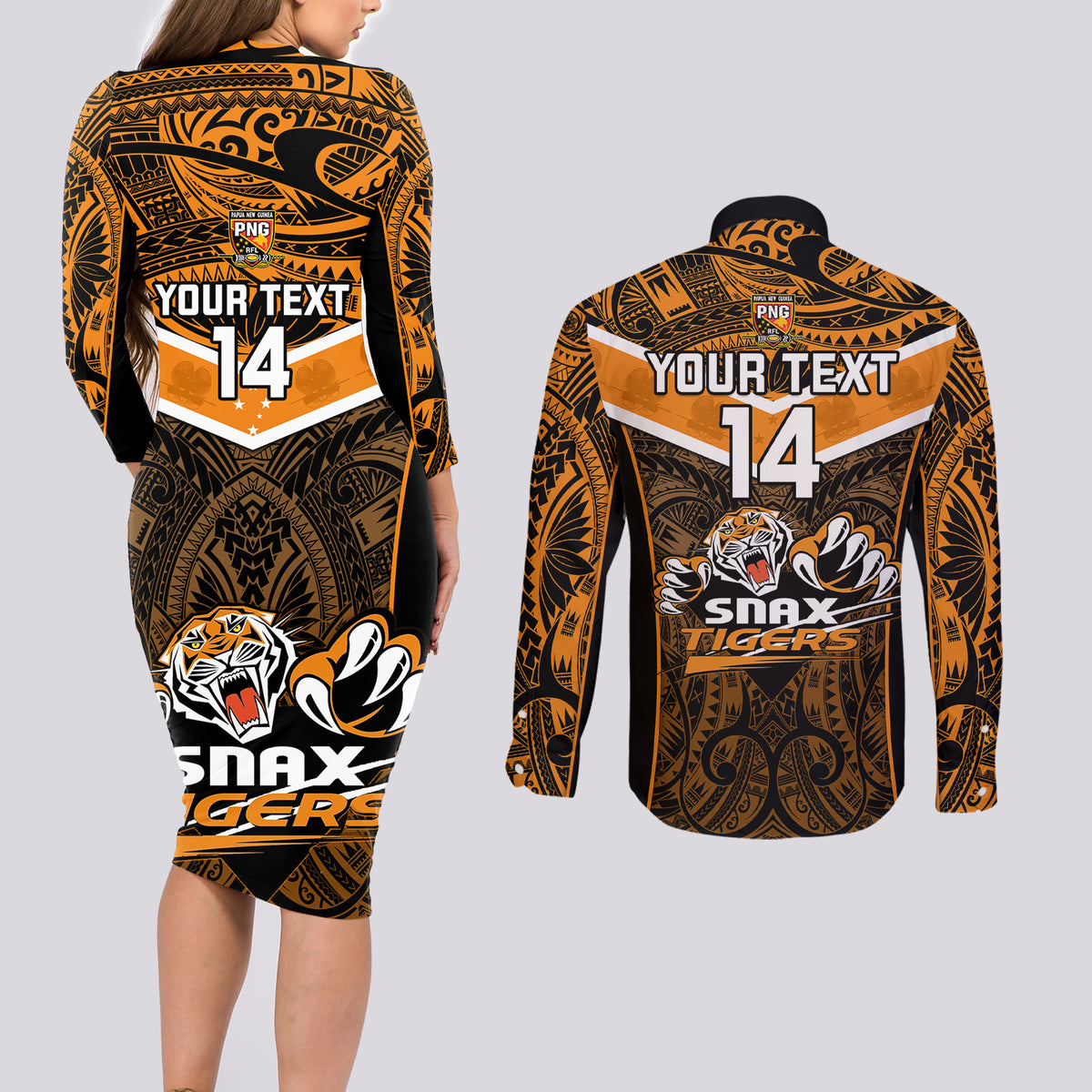 Custom Papua New Guinea Rugby Couples Matching Long Sleeve Bodycon Dress and Long Sleeve Button Shirts Lae Snax Tigers PNG Polynesian Pattern - Wonder Print Shop