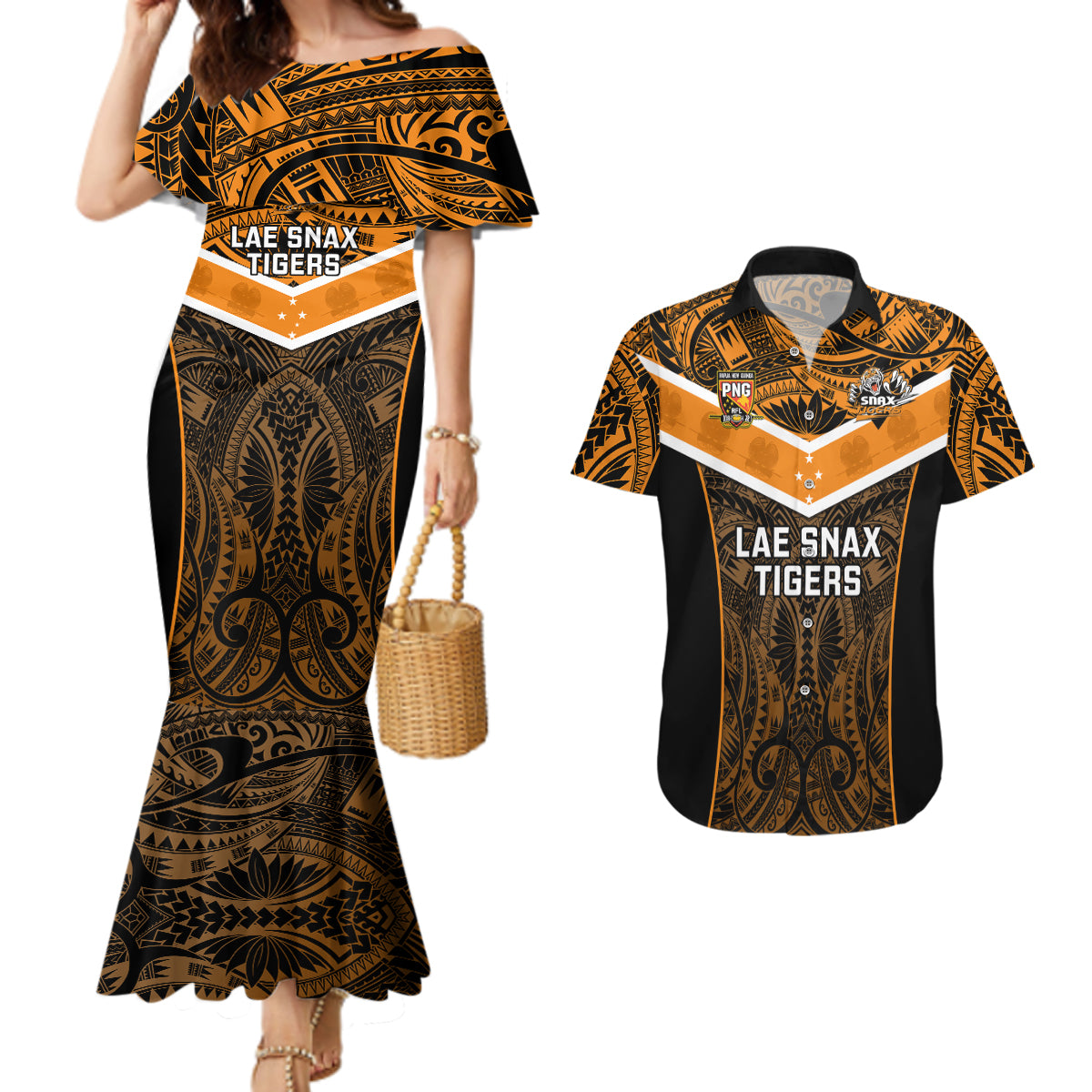 Custom Papua New Guinea Rugby Couples Matching Mermaid Dress And Hawaiian Shirt Lae Snax Tigers PNG Polynesian Pattern - Wonder Print Shop