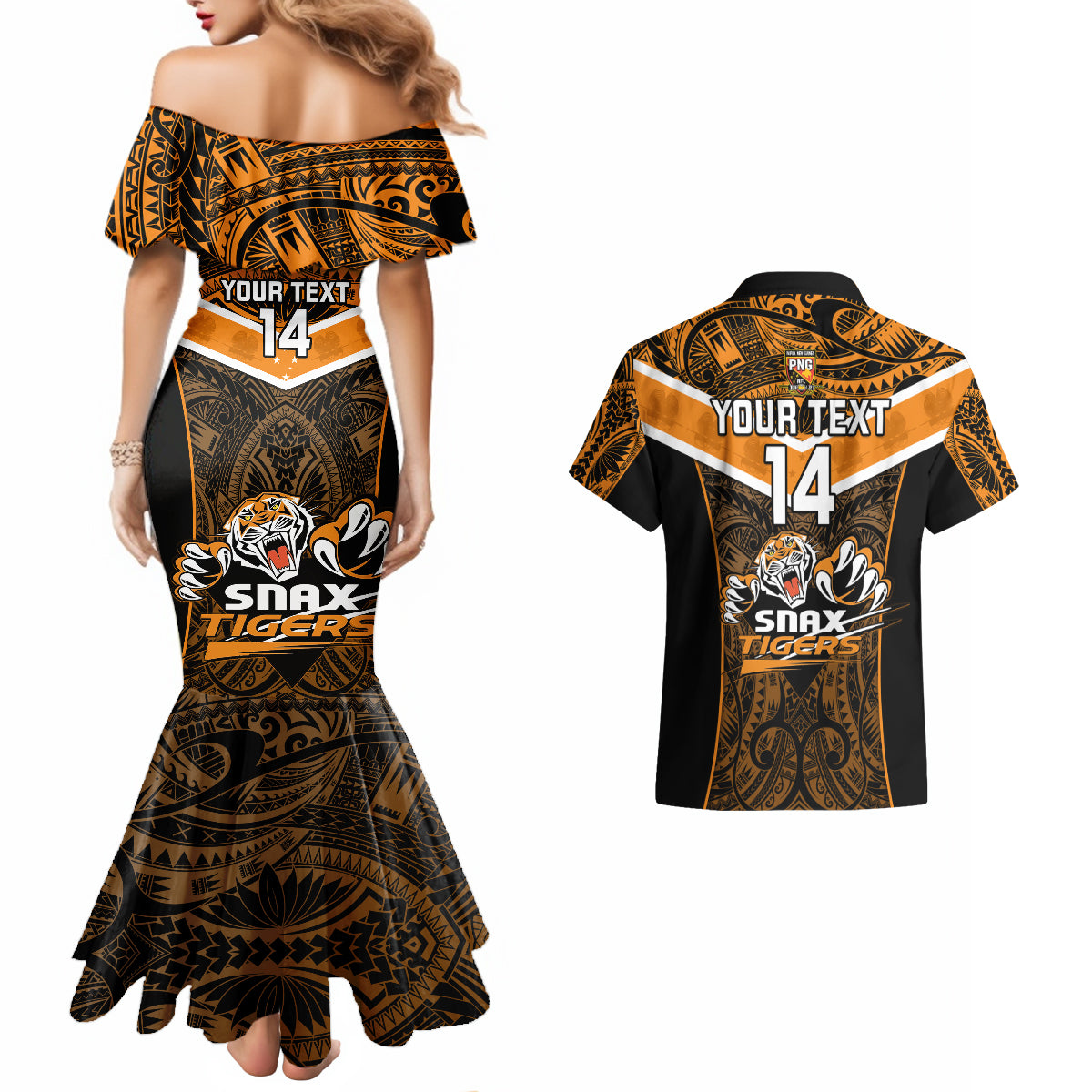 Custom Papua New Guinea Rugby Couples Matching Mermaid Dress And Hawaiian Shirt Lae Snax Tigers PNG Polynesian Pattern - Wonder Print Shop