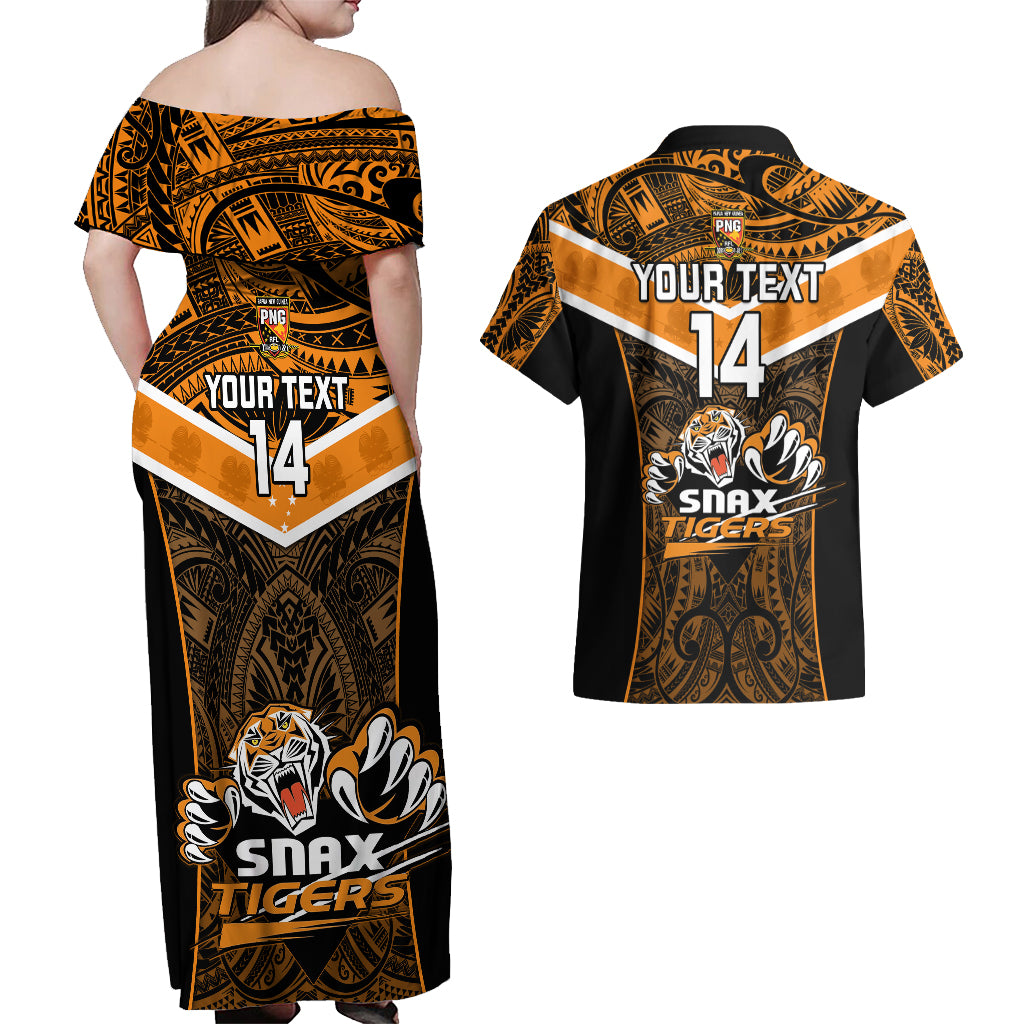 Custom Papua New Guinea Rugby Couples Matching Off Shoulder Maxi Dress and Hawaiian Shirt Lae Snax Tigers PNG Polynesian Pattern - Wonder Print Shop