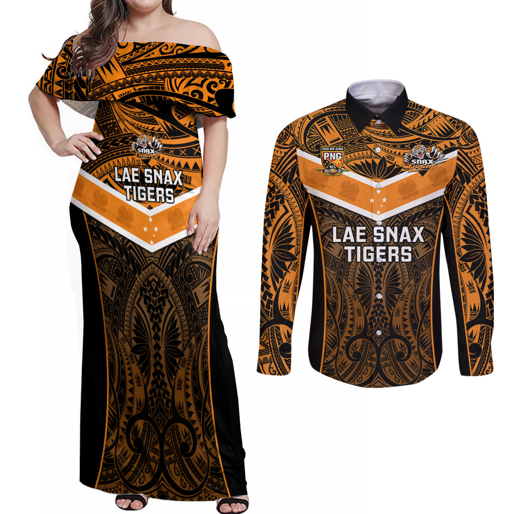 Custom Papua New Guinea Rugby Couples Matching Off Shoulder Maxi Dress and Long Sleeve Button Shirts Lae Snax Tigers PNG Polynesian Pattern - Wonder Print Shop