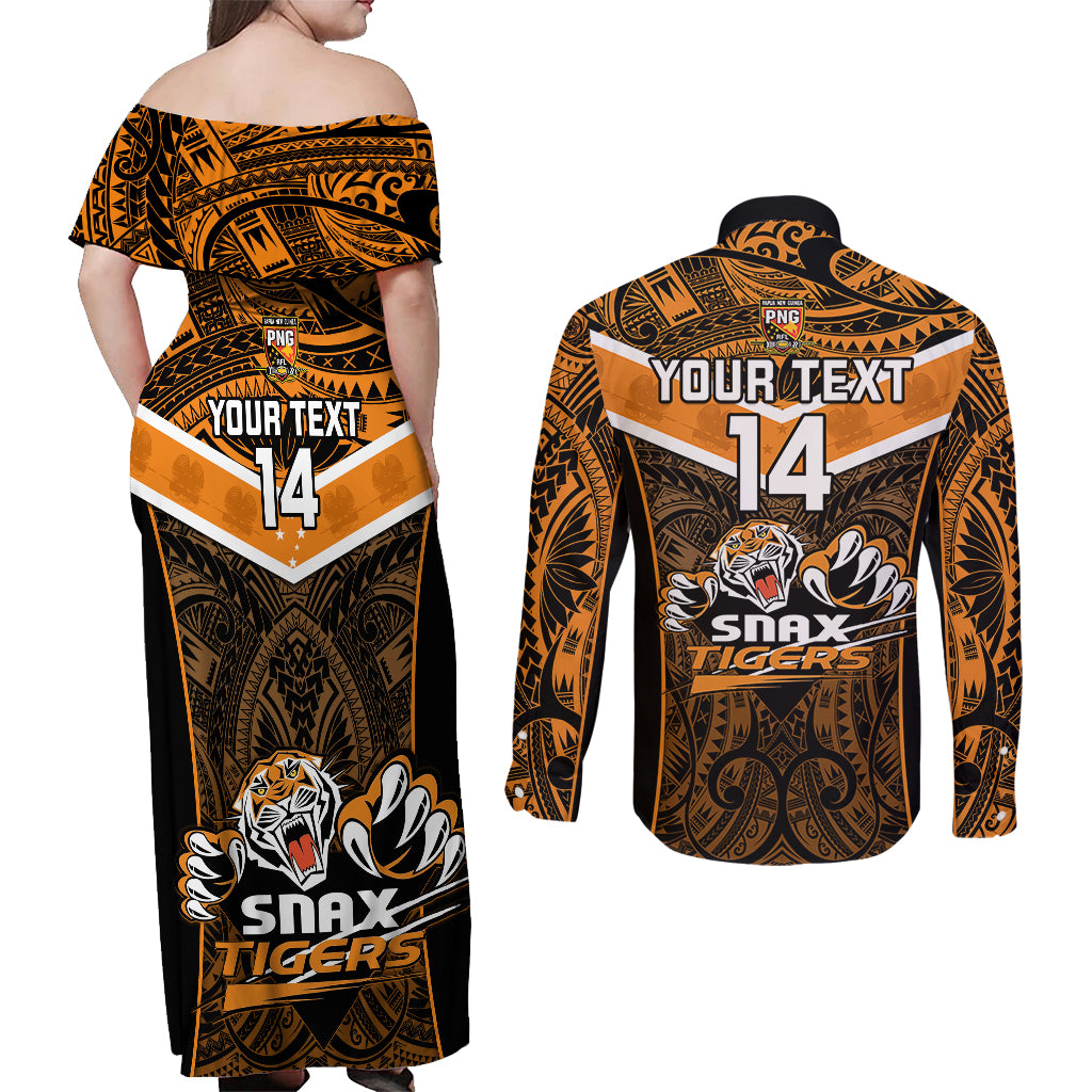 Custom Papua New Guinea Rugby Couples Matching Off Shoulder Maxi Dress and Long Sleeve Button Shirts Lae Snax Tigers PNG Polynesian Pattern - Wonder Print Shop