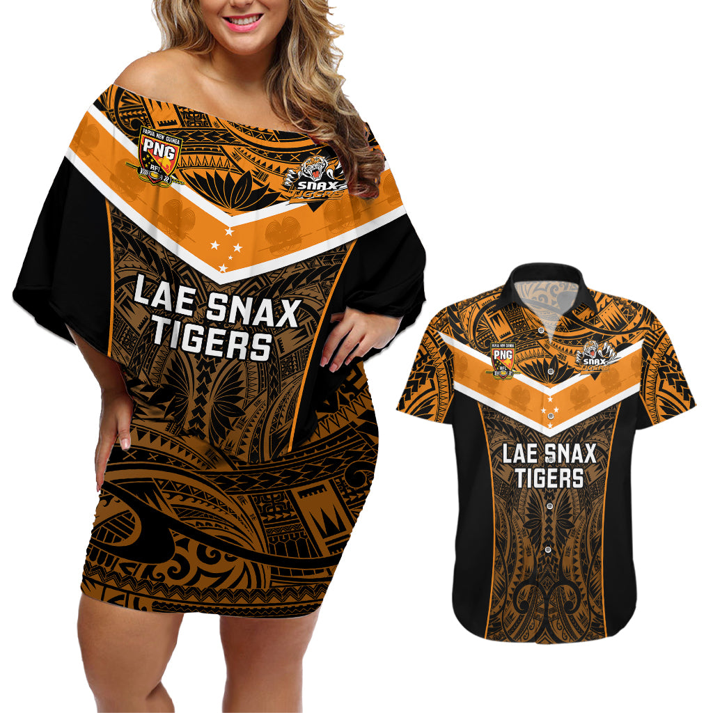 Custom Papua New Guinea Rugby Couples Matching Off Shoulder Short Dress and Hawaiian Shirt Lae Snax Tigers PNG Polynesian Pattern - Wonder Print Shop