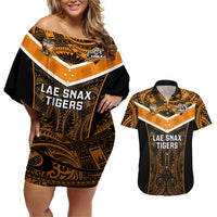Custom Papua New Guinea Rugby Couples Matching Off Shoulder Short Dress and Hawaiian Shirt Lae Snax Tigers PNG Polynesian Pattern - Wonder Print Shop