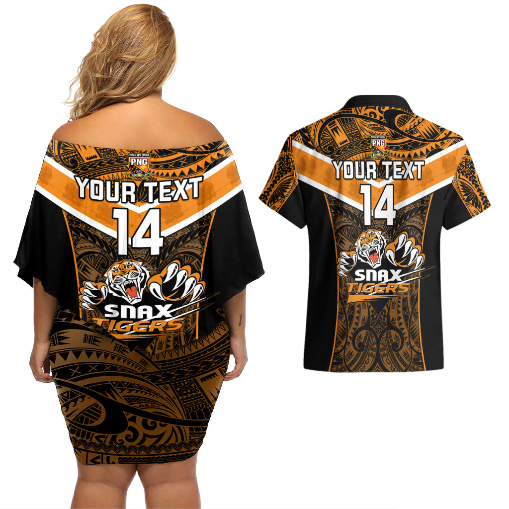 Custom Papua New Guinea Rugby Couples Matching Off Shoulder Short Dress and Hawaiian Shirt Lae Snax Tigers PNG Polynesian Pattern - Wonder Print Shop