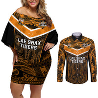 Custom Papua New Guinea Rugby Couples Matching Off Shoulder Short Dress and Long Sleeve Button Shirts Lae Snax Tigers PNG Polynesian Pattern - Wonder Print Shop