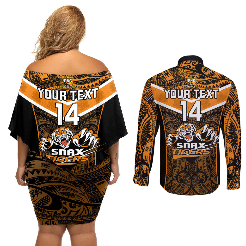 Custom Papua New Guinea Rugby Couples Matching Off Shoulder Short Dress and Long Sleeve Button Shirts Lae Snax Tigers PNG Polynesian Pattern - Wonder Print Shop