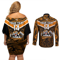 Custom Papua New Guinea Rugby Couples Matching Off Shoulder Short Dress and Long Sleeve Button Shirts Lae Snax Tigers PNG Polynesian Pattern - Wonder Print Shop
