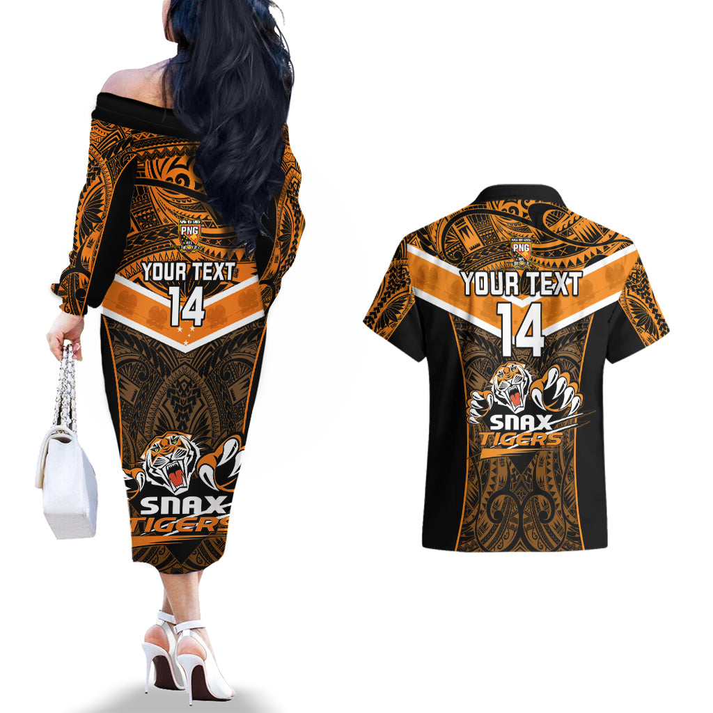 Custom Papua New Guinea Rugby Couples Matching Off The Shoulder Long Sleeve Dress and Hawaiian Shirt Lae Snax Tigers PNG Polynesian Pattern - Wonder Print Shop