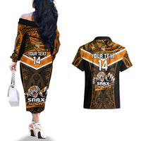 Custom Papua New Guinea Rugby Couples Matching Off The Shoulder Long Sleeve Dress and Hawaiian Shirt Lae Snax Tigers PNG Polynesian Pattern - Wonder Print Shop