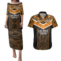 Custom Papua New Guinea Rugby Couples Matching Puletasi Dress and Hawaiian Shirt Lae Snax Tigers PNG Polynesian Pattern - Wonder Print Shop