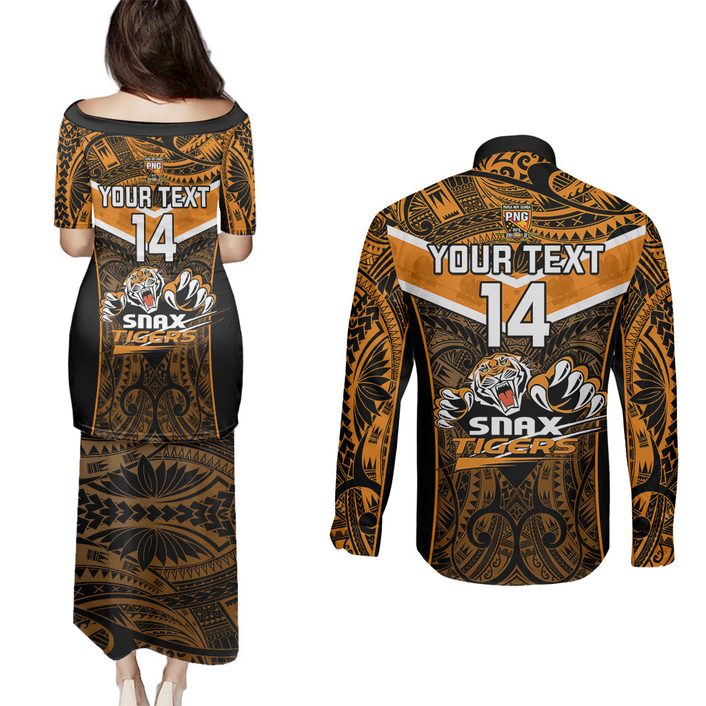 Custom Papua New Guinea Rugby Couples Matching Puletasi Dress and Long Sleeve Button Shirts Lae Snax Tigers PNG Polynesian Pattern - Wonder Print Shop