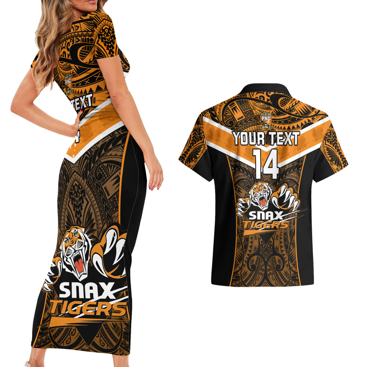 Custom Papua New Guinea Rugby Couples Matching Short Sleeve Bodycon Dress and Hawaiian Shirt Lae Snax Tigers PNG Polynesian Pattern - Wonder Print Shop